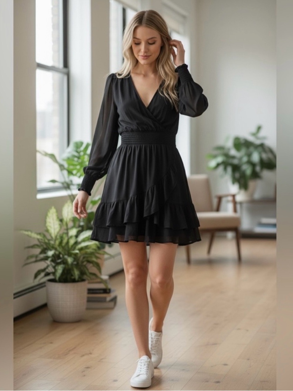 Michael Kors Black Long-Sleeve V-Neck Tiered Dress Large